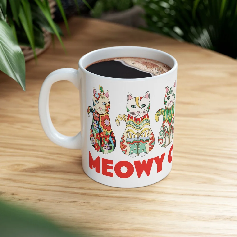 Creative Cats, Meowy Christmas Mug, White Ceramic 11oz — Marjorie