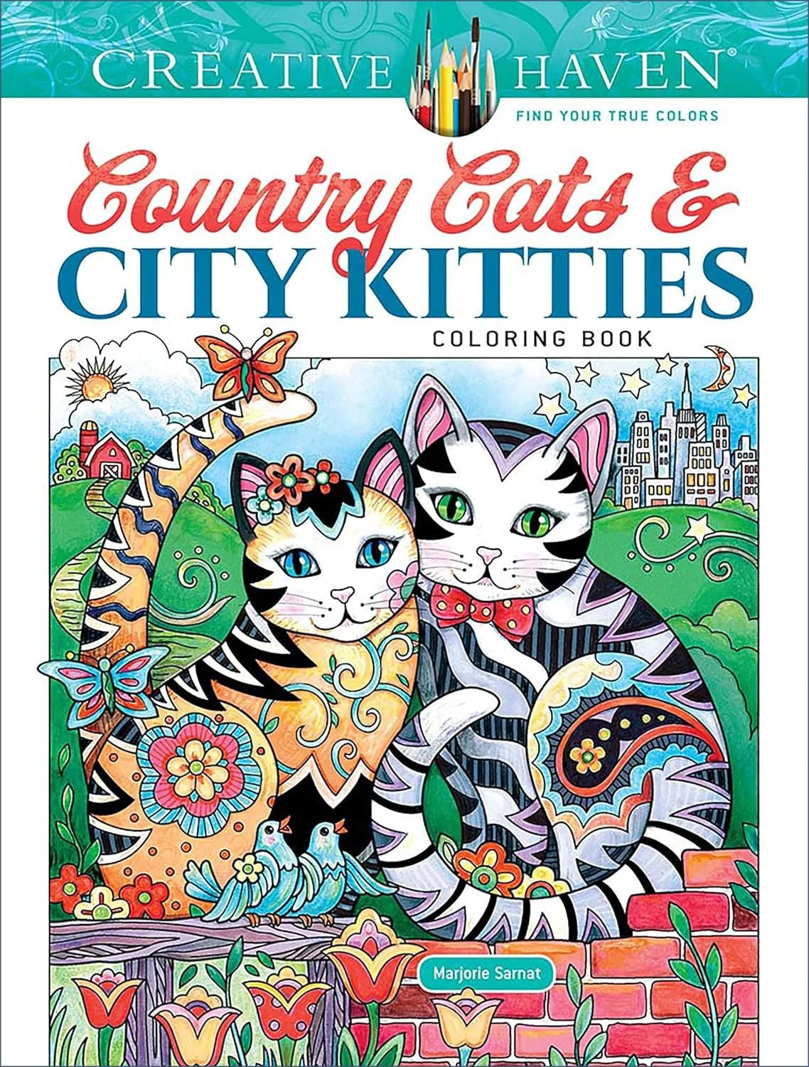 Coloring book cover titled 'Country Cats & City Kitties' showing two stylized cats, one with orange and black stripes and another with white and black stripes, sitting in a vibrant landscape with cityscape and countryside in the background. The cats are surrounded by flowers, butterflies, and birds.