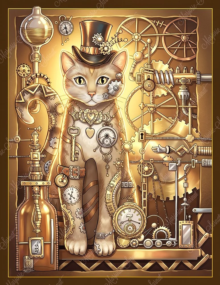 Classic "Creative Cat" by Marjorie Sarnat drawn and painted as Steampunk in an elaborate setting