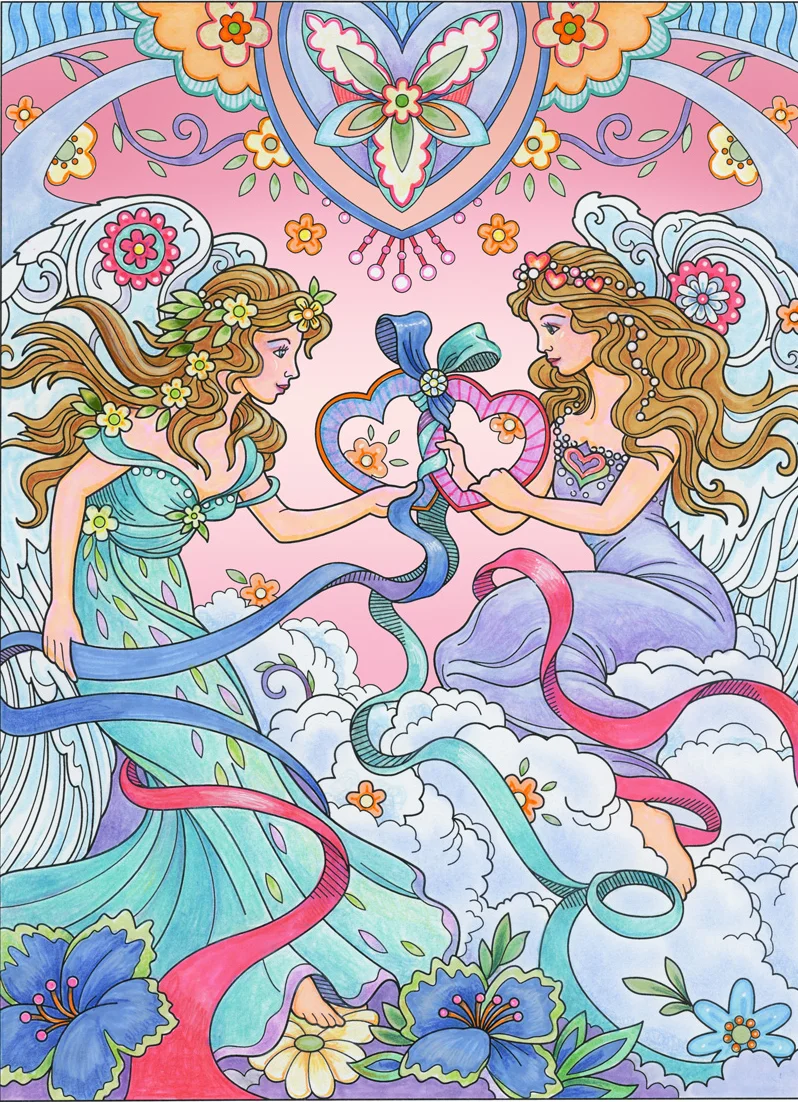 Twin sister angels holding hearts