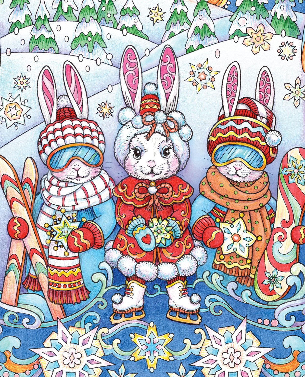 Three snow bunnies in cute outfits