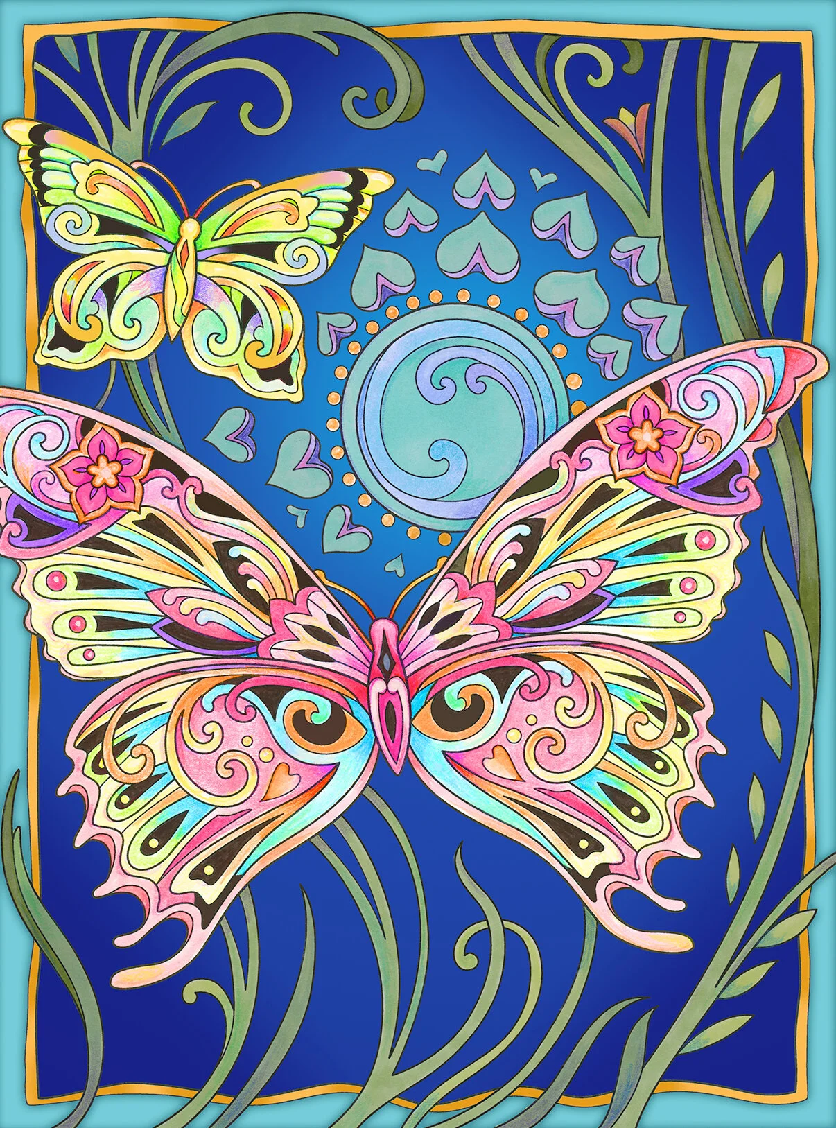 Two colorful fantasy butterflies in flight