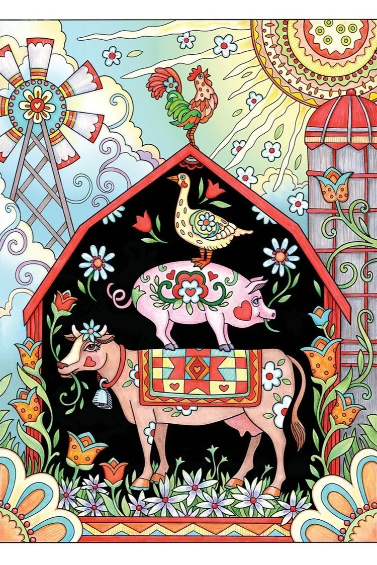 Barn and farm animals cow, pig, and goose