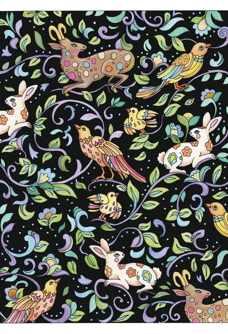 Intricate tapestry of vines with birds and bunnies