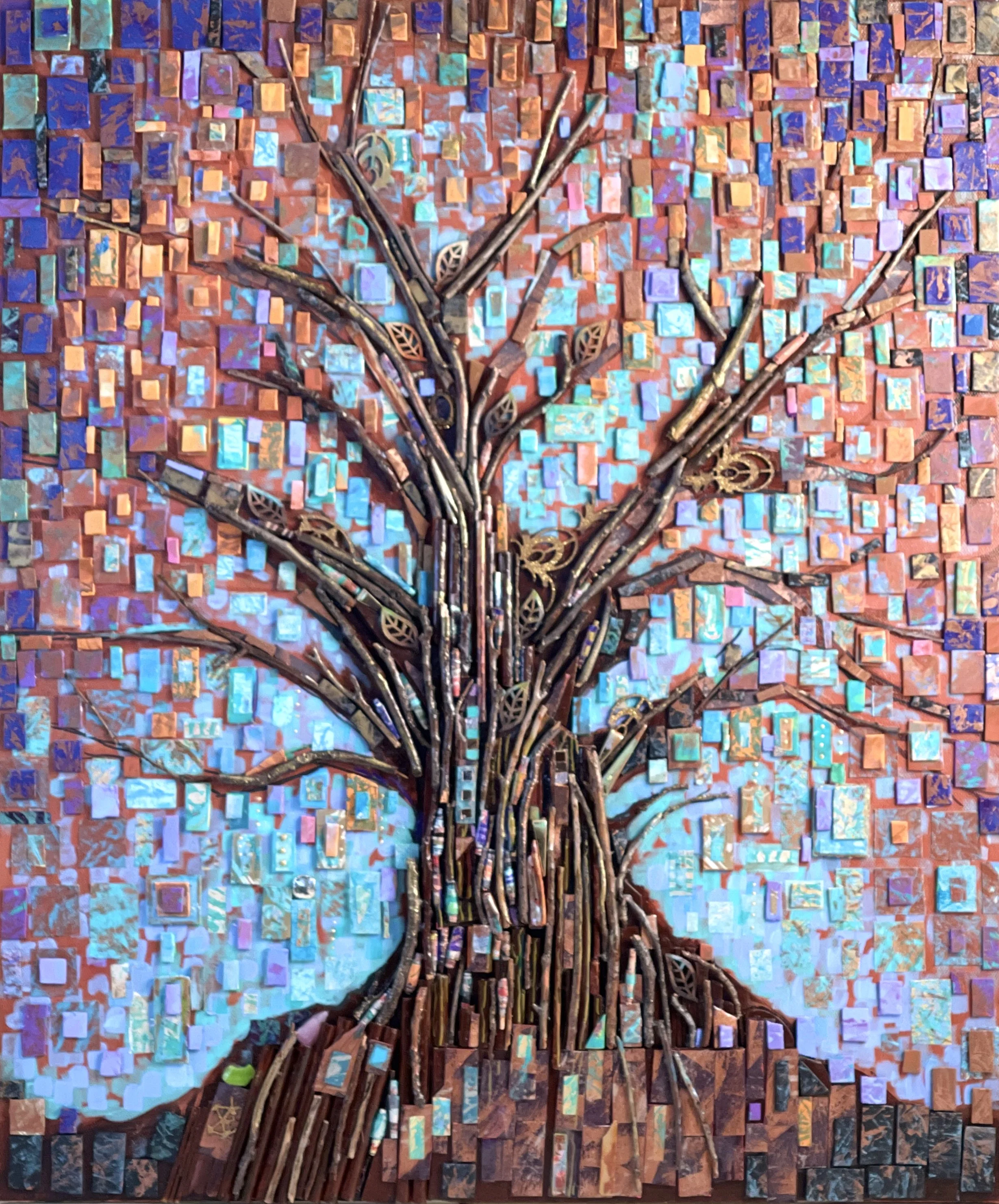 Mosaic artwork of a tree with bare branches on a colorful, tiled background.
