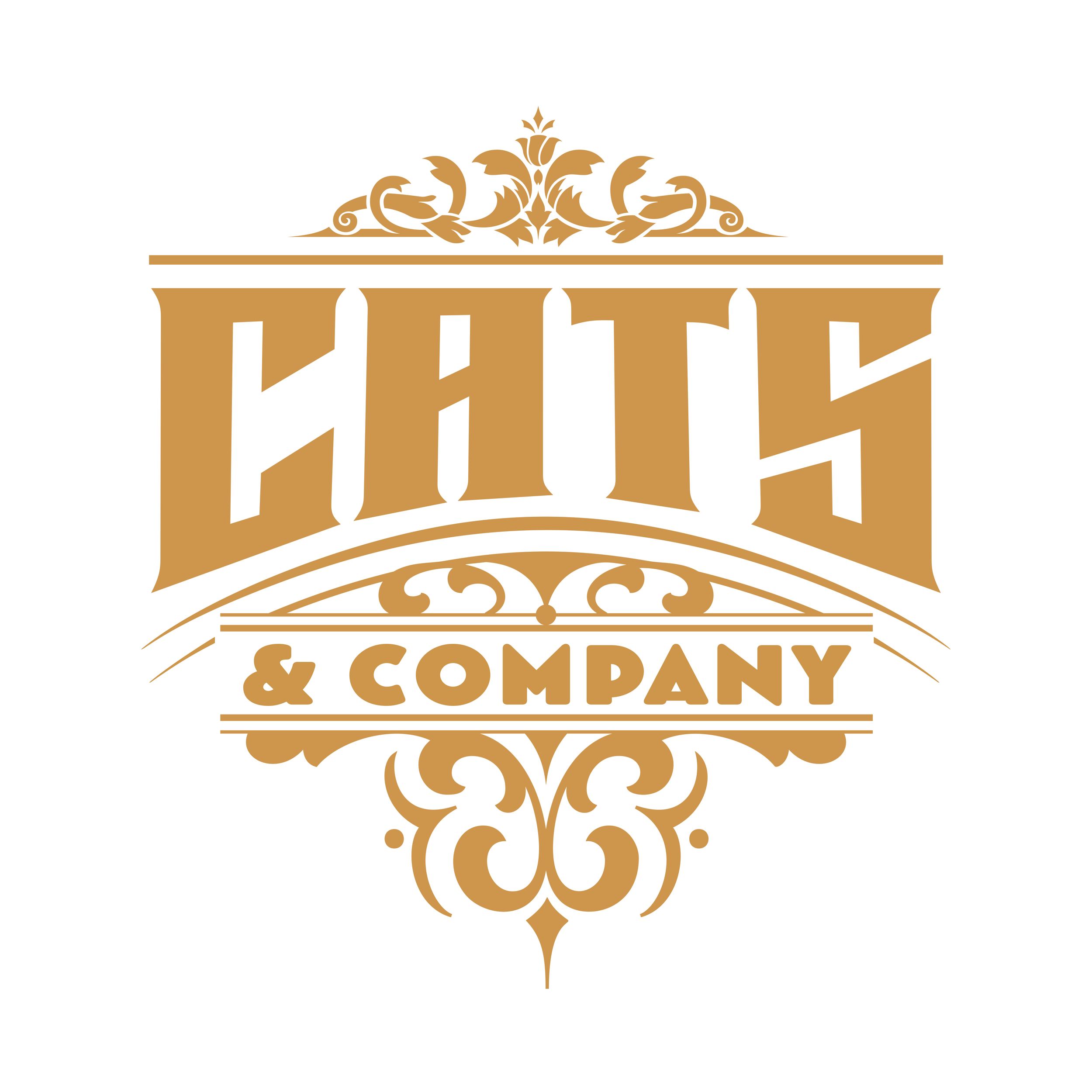 Gold and white logo of HITS & Company with decorative flourishes and a stylized bridge element.