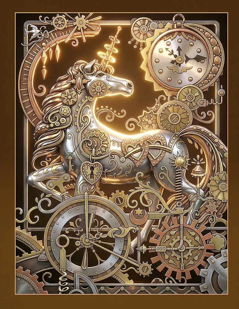Unicorn drawn and painted as Steampunk in an elaborate setting