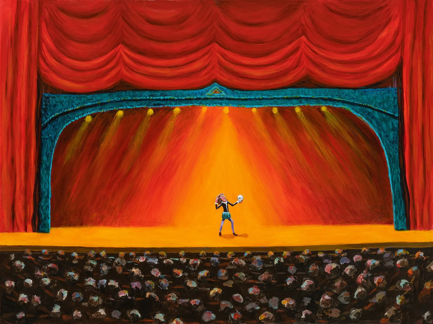 A clown performing on stage, holding a microphone in one hand and a skull in the other, with an audience watching.