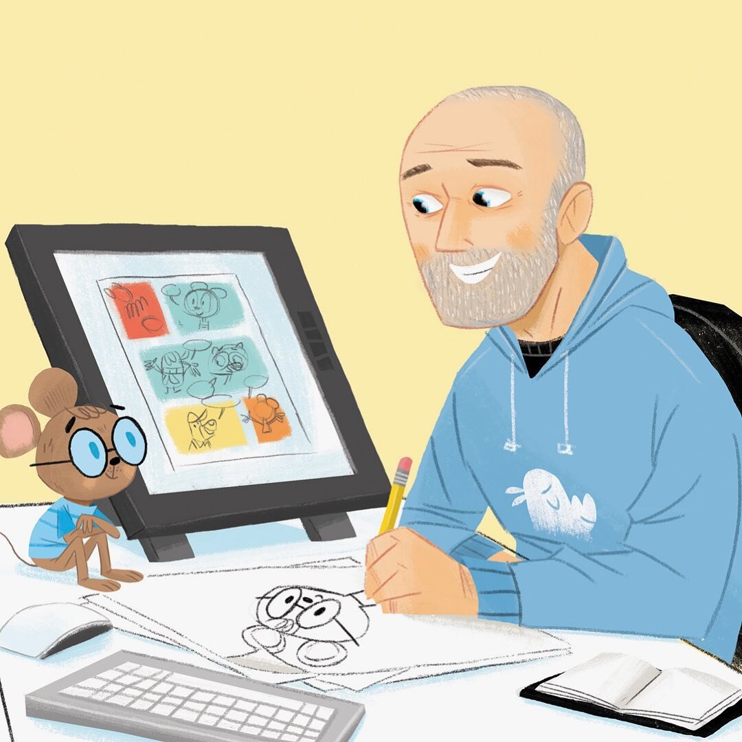Here&rsquo;s a drawing of me, drawing. Things to notice: I am wearing a boring rhino hoodie. There are 3 mice on my desk. Can you spot them? I don&rsquo;t normally draw myself drawing, but this was a fun assignment for Click magazine.
.
#mouse #mice 