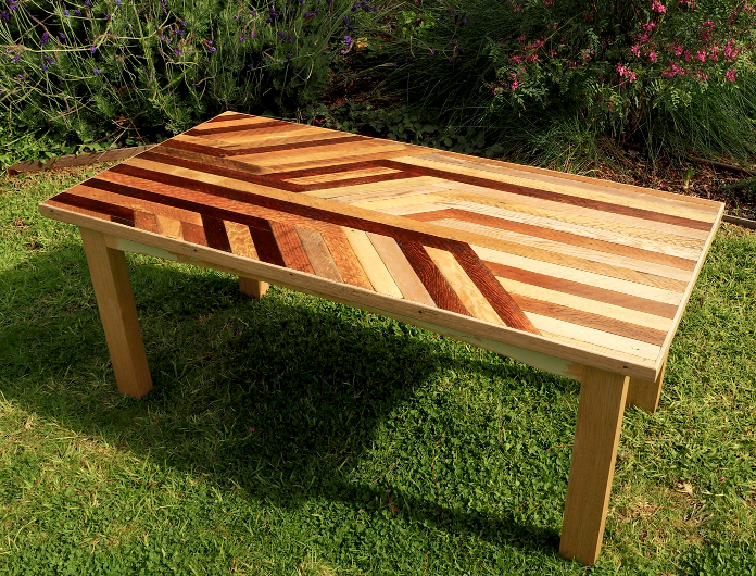OMBRE Size : 1100 x 550 Materials : Reclaimed douglas fir, vic ash and cypress. Finished in a low VOC gloss varnish. Special requests: Ombre influence and something to lighten a room with an exposed red brick wall and predominantly dark wooden furniture. No paint.