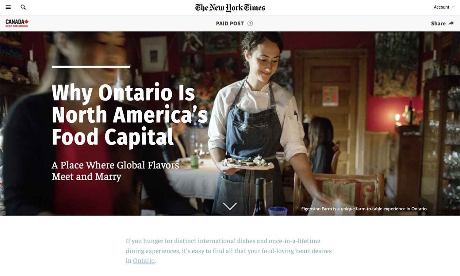 The New York Times &amp; Destination Canada/Ontario