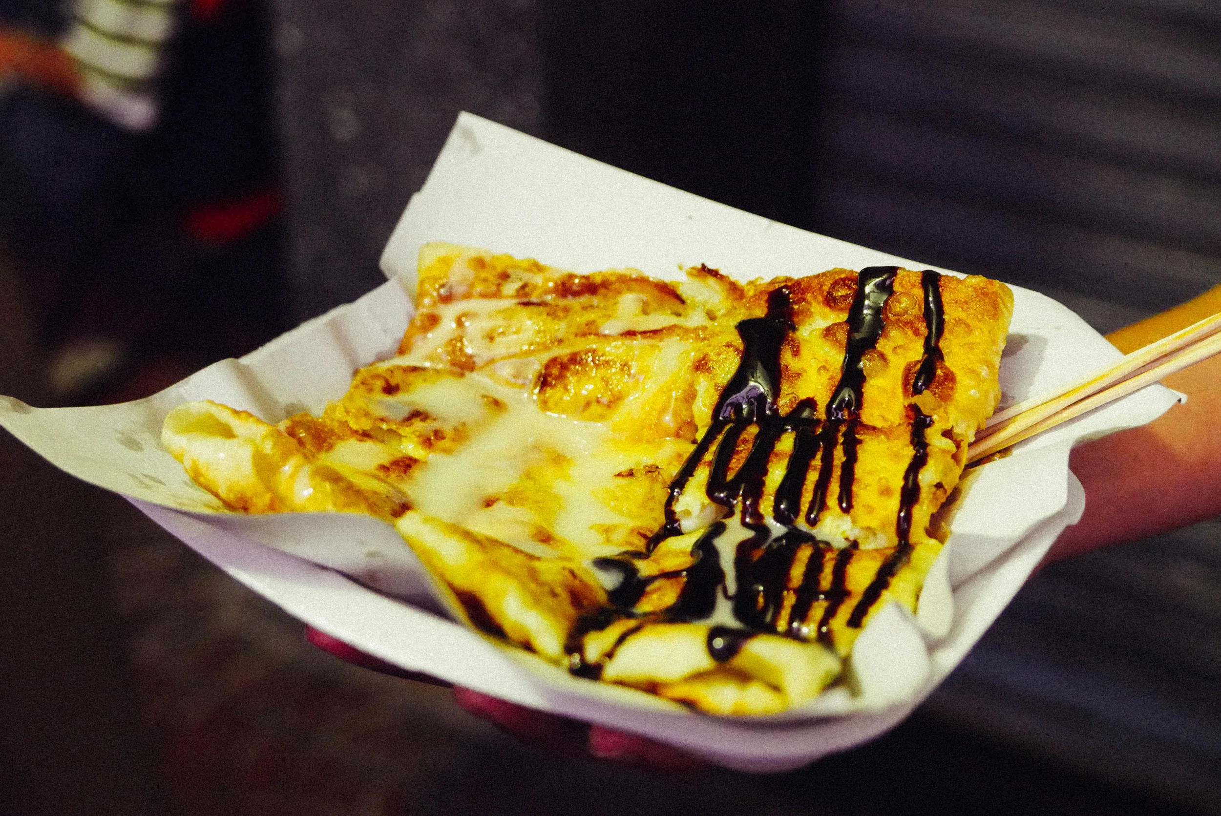 {banana crepe with condensed milk & chocolate sauce}