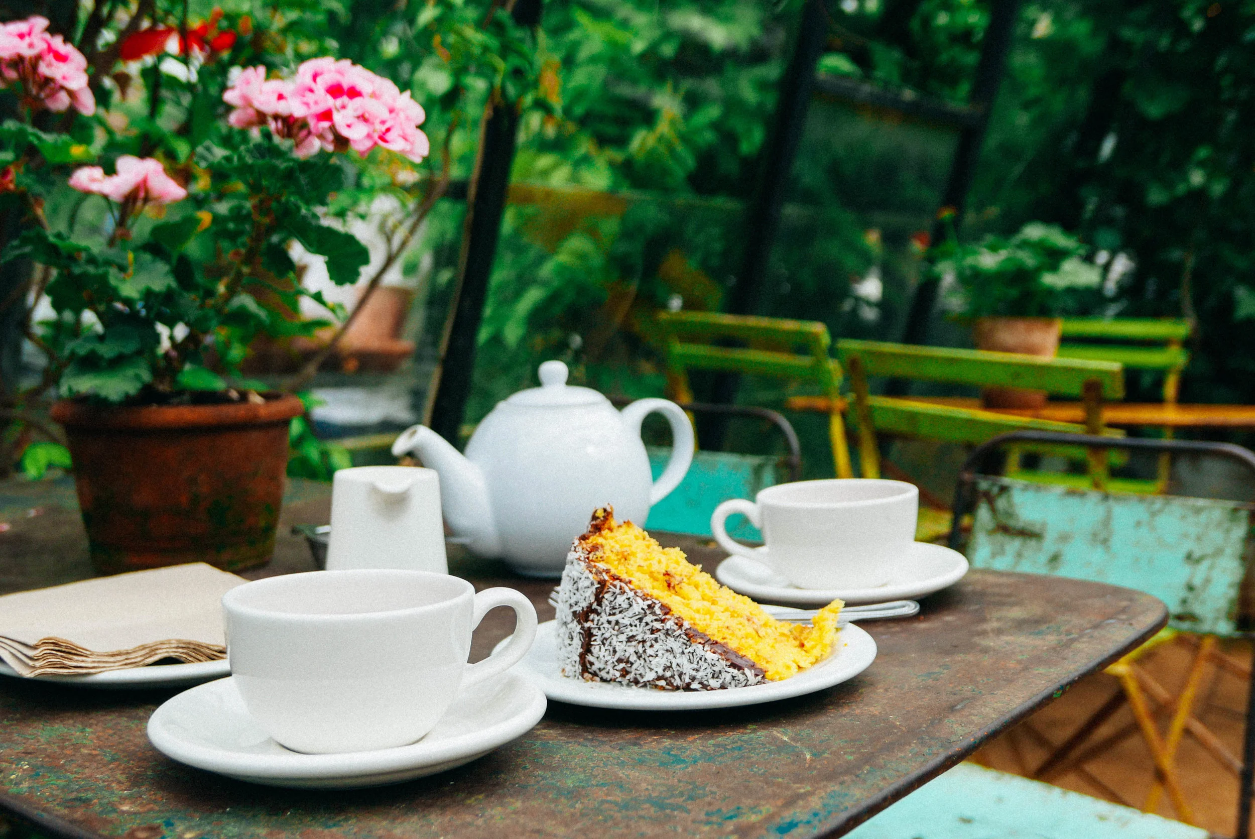 {Above: chai tea with carrot, coconut and chocolate cake |Below: passion vines}