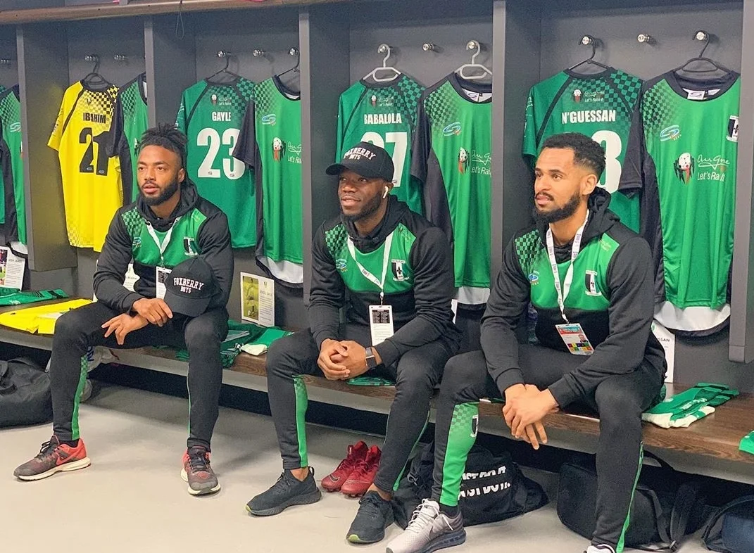 FXB Fans and Cray Valley PM Attacking Midfielders Gayle and Babalola listen to post match instructions prior to taking on Chertsey Town FC in the FA Vase Final at Wembley