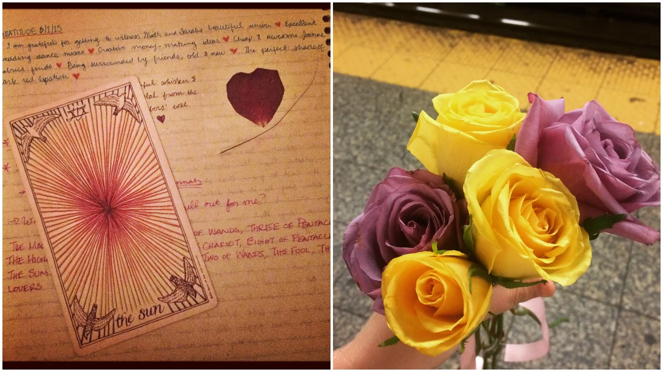 My journal, the tarot card Veronica drew for me at the start of The Underground, and the roses from our final adventure.