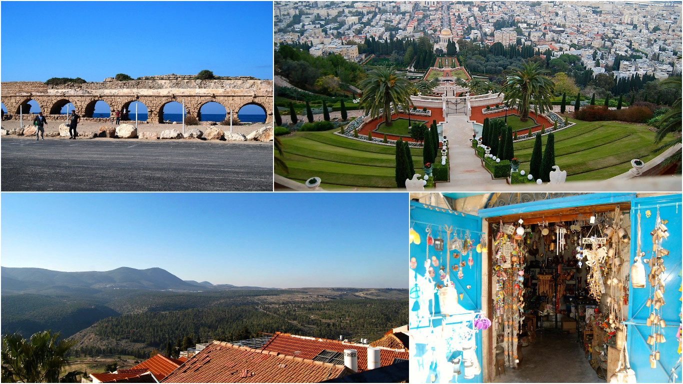 The Caesaria Aqueduct, the B'Hai Gardens in Haifa, the views from the rooftops of Tsfat and a windchime and bell shop in Tsfat.