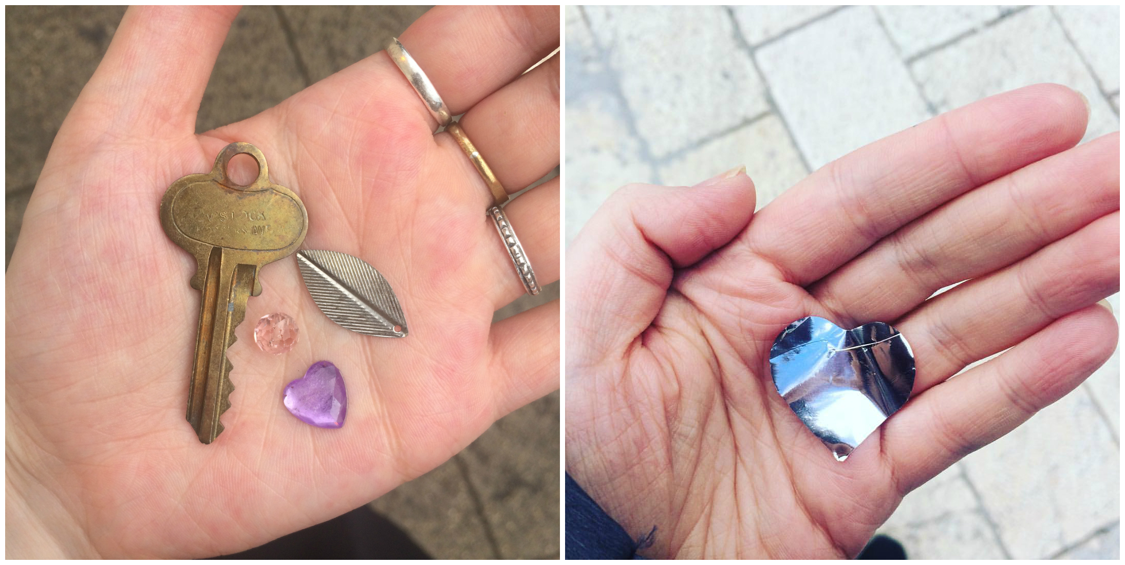 Left: a purple heart I found at Fort Tryon Park with my mom. Right: a silver heart I found in Jerusalem.