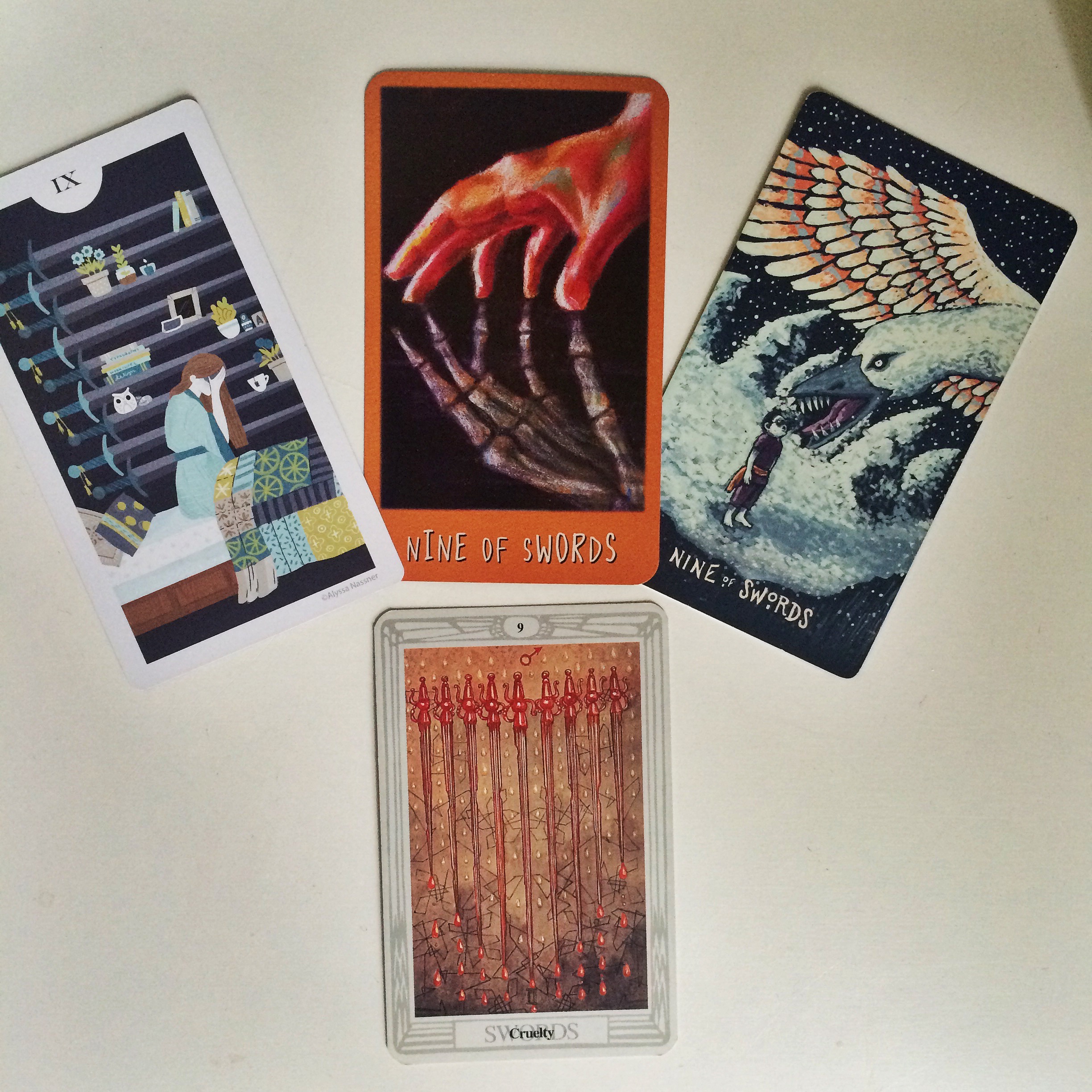 In tarot, the Nine of Swords is often considered the card that represents anxiety & depression.