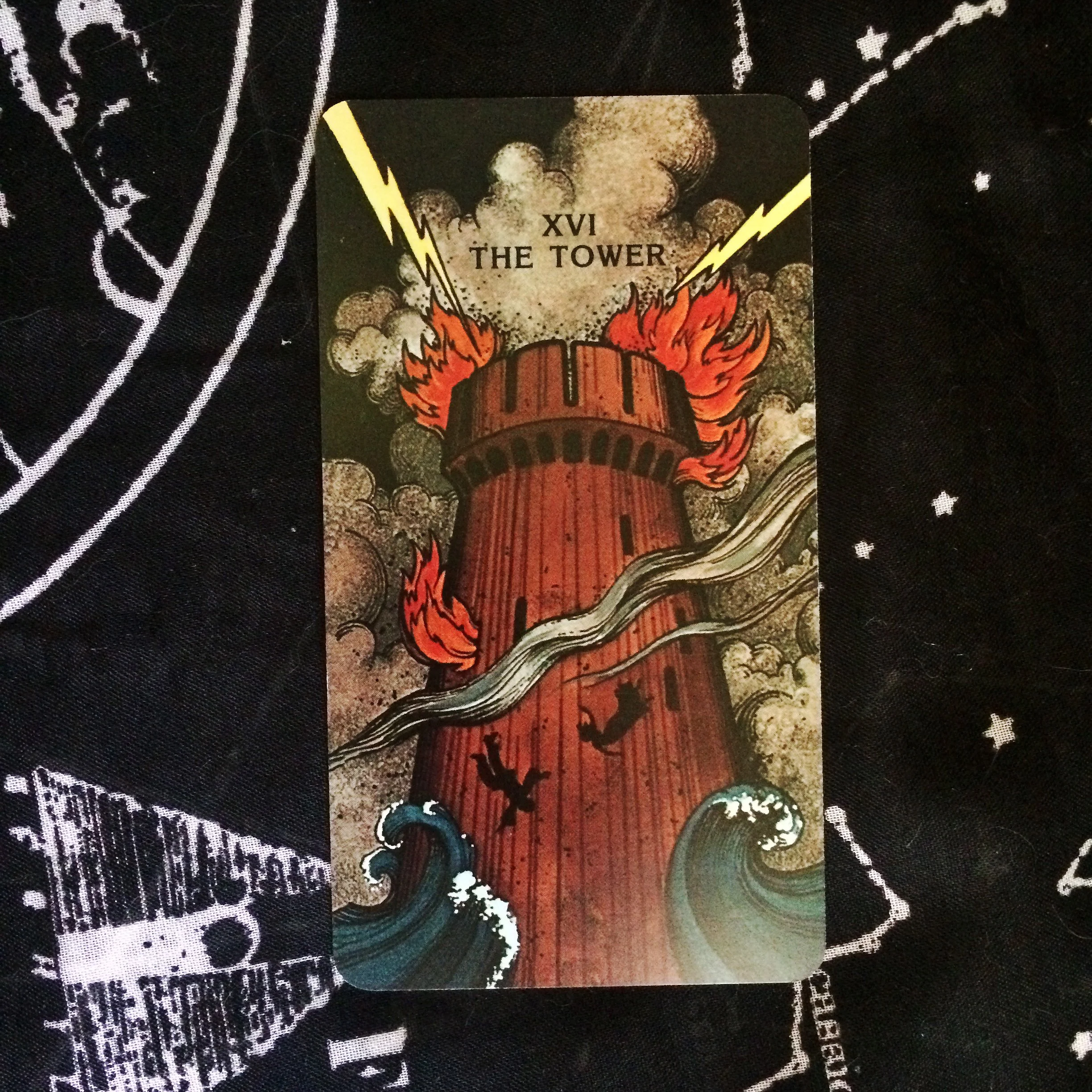 The Tower as portrayed in the Morgan Greer Tarot. 