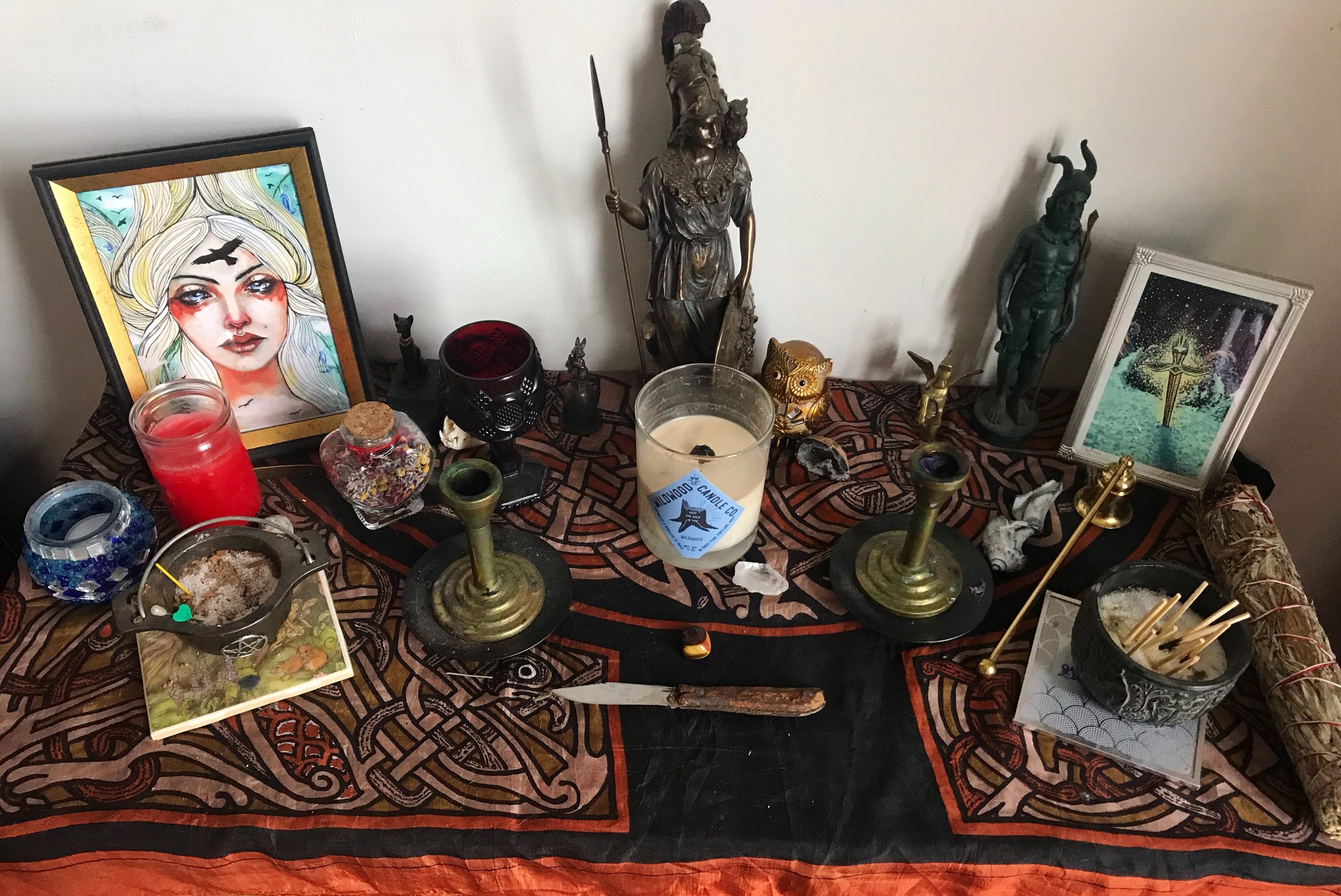 As an eclectic pagan-ish person, the deities represented on my altar are Norse, Greek, and Celtic. I care less about traditionalist reconstructionism and more about which deities represent the areas of my life that matter most to me.