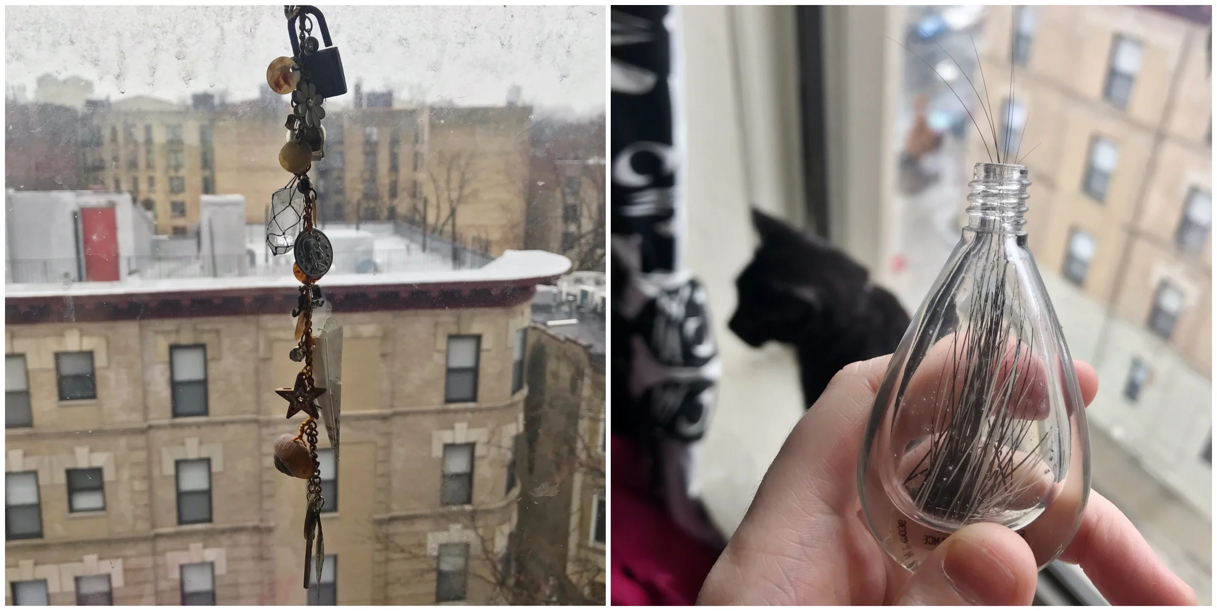 On the left, a Shamble or charm I made last year when my life was in limbo, containing (among other things) a quartz point for power, a snail shell for a happy home, a key for opportunity, a paper airplane for travel, a padlock for protection. It hangs in my bedroom window to this day. On the right, a perfume vial containing my cats’ discarded whiskers, an essential component in many of my spells.