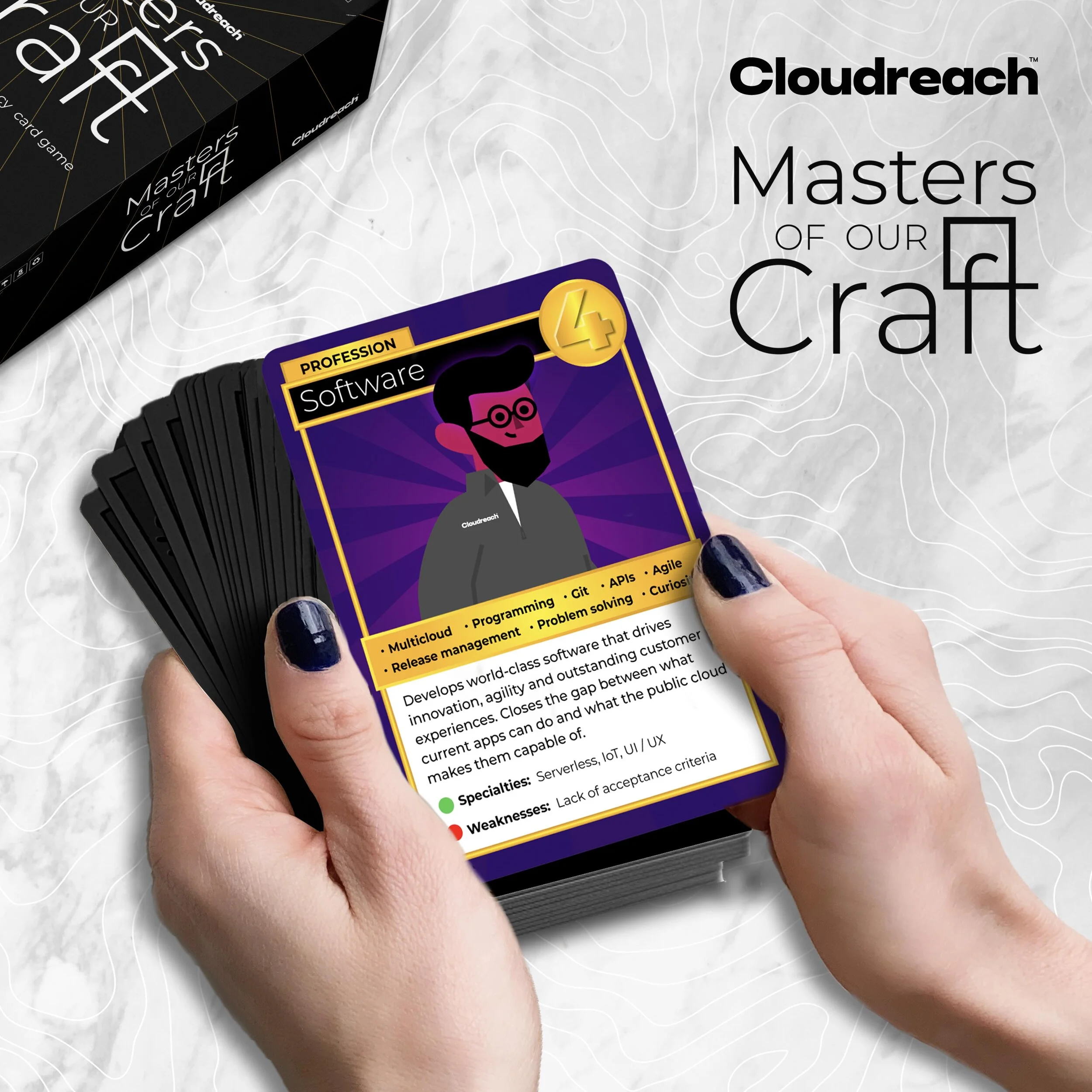  I designed and developed ‘Masters of our Craft: the Cloud Consultancy Card Game,’ a collaborative card game that shows what it’s like to work for a cloud consultancy like Cloudreach. Players must work together to solve project challenges using combi