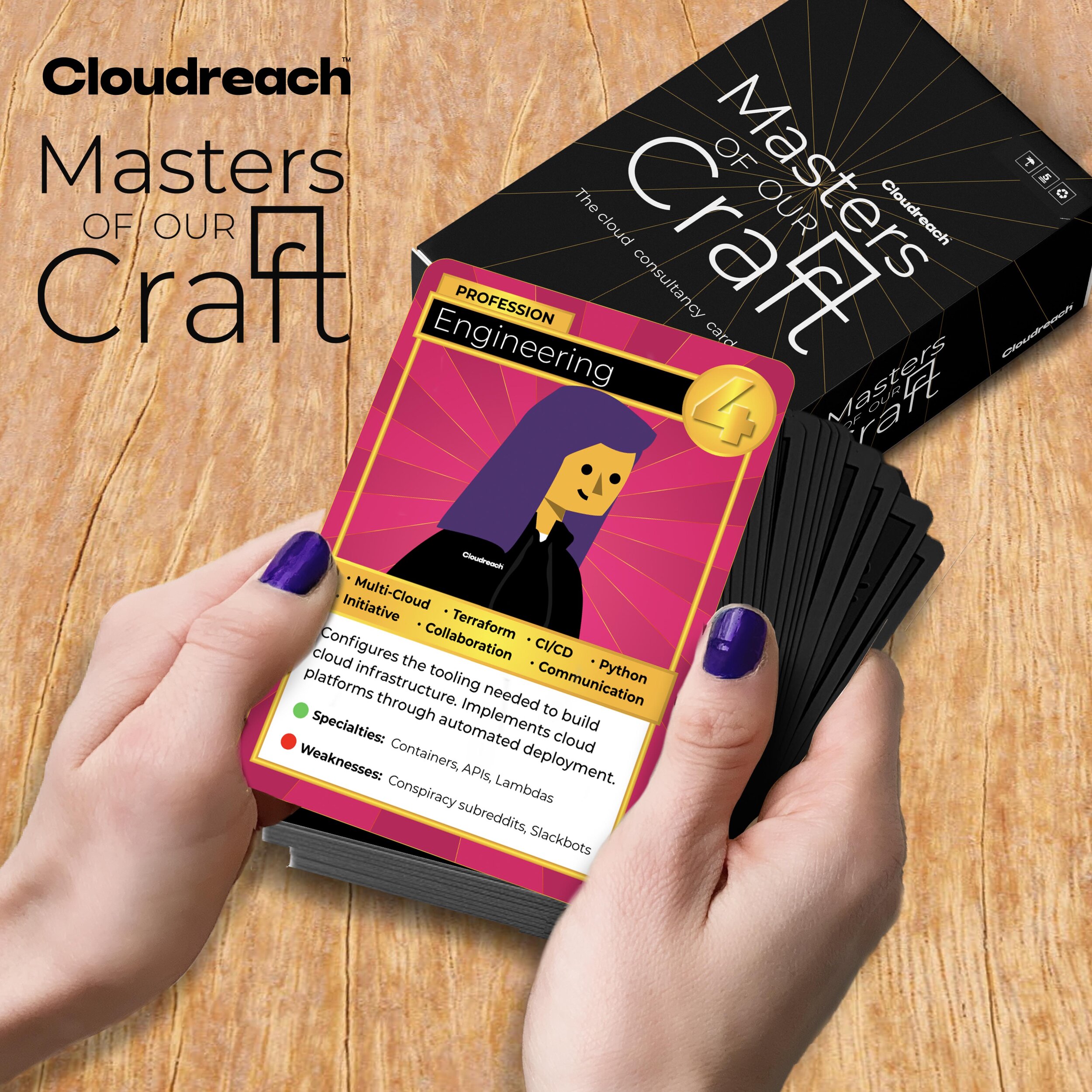 I designed and developed ‘Masters of our Craft: the Cloud Consultancy Card Game,’ a collaborative card game that shows what it’s like to work for a cloud consultancy like Cloudreach. Players must work together to solve project challenges using combi