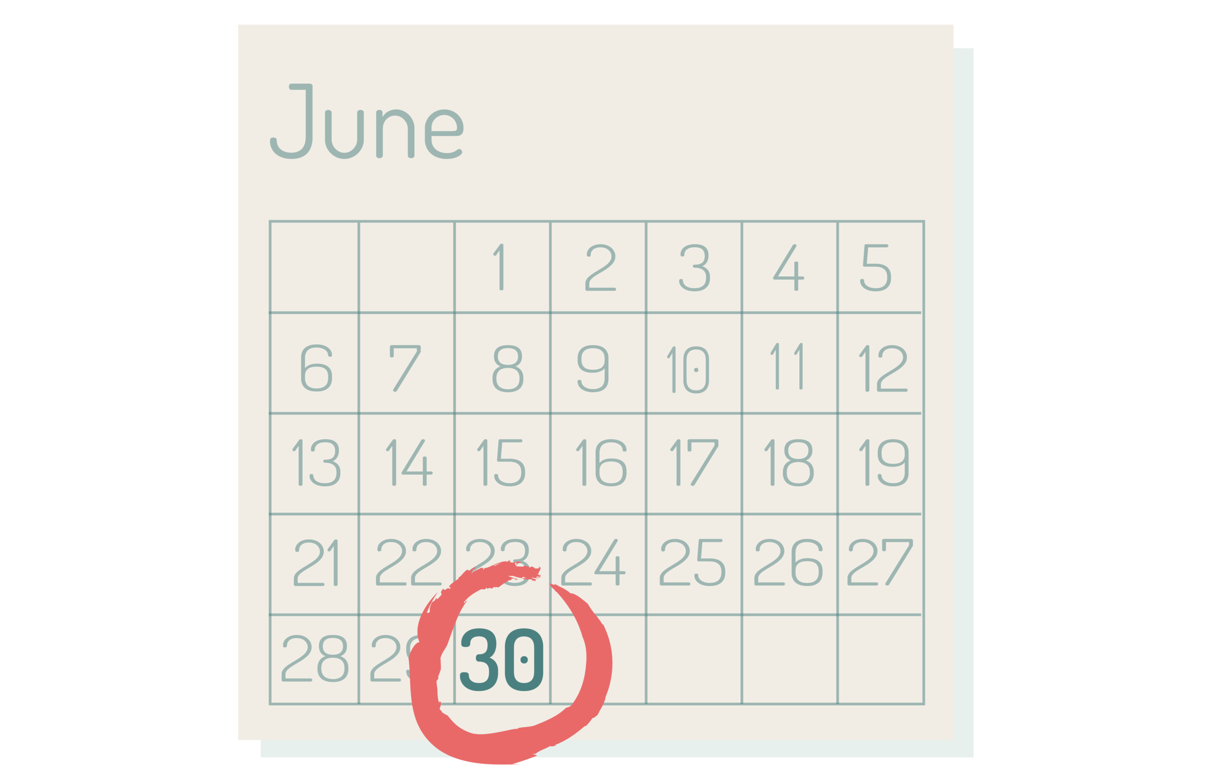 graphic of calendar displaying month of June with day thirty circled