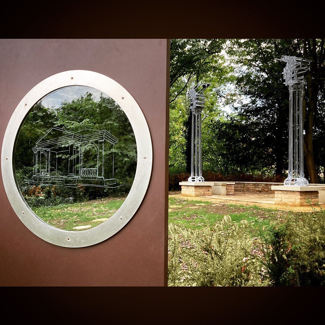 Final touches to the ghost building at Great Linford Manor Park. Align the column sculpture and a line drawing sintered into the glass to see how the Doric Seat once stood on the spot. @arcangel_ltd #miltonkeynesparkstrust #outdoormuseum #museum #mus