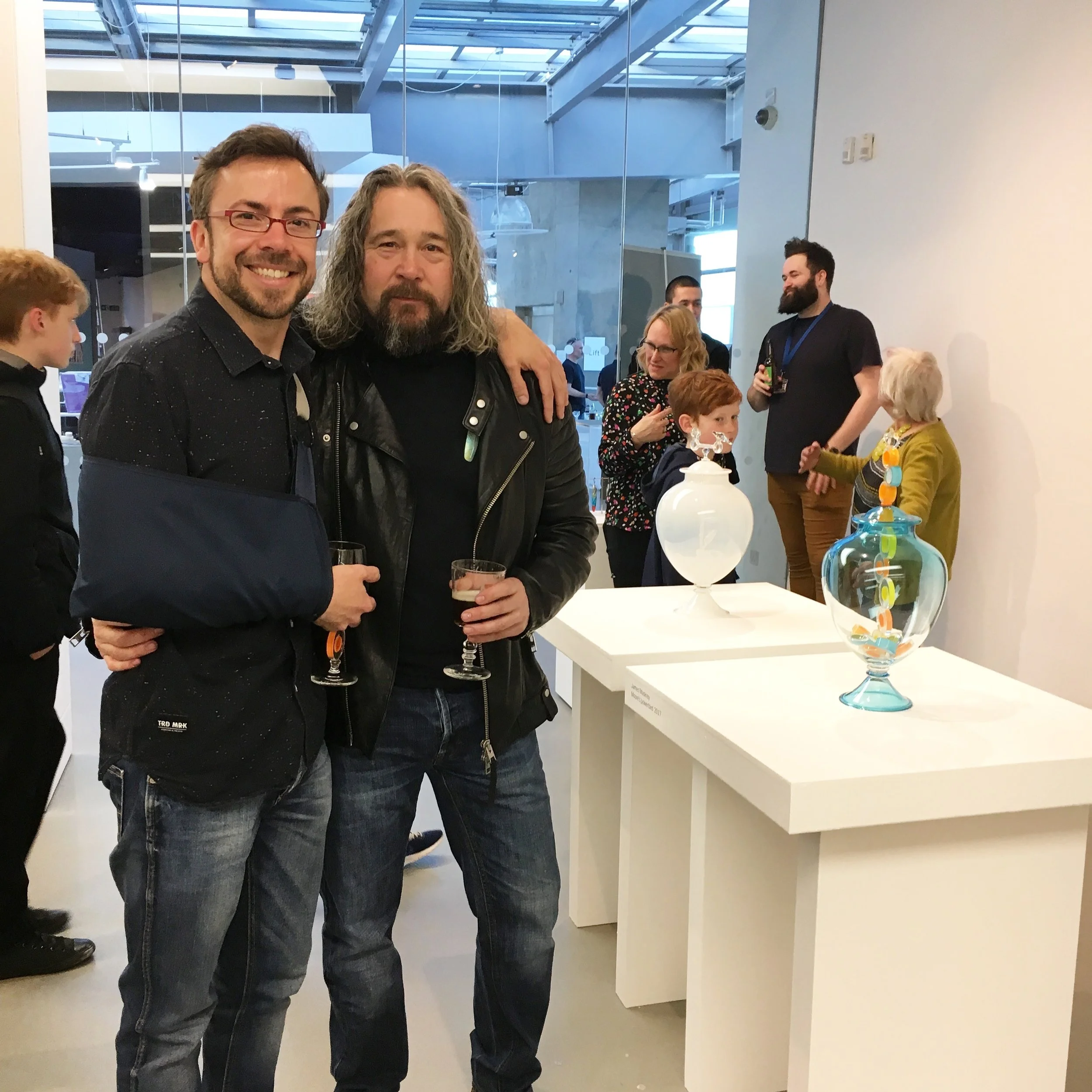 Jim and I at the National Glass Centre private view, days after my shoulder surgery. The jar on the table was Jim's response to the project, entitled Moore's Bower Bird