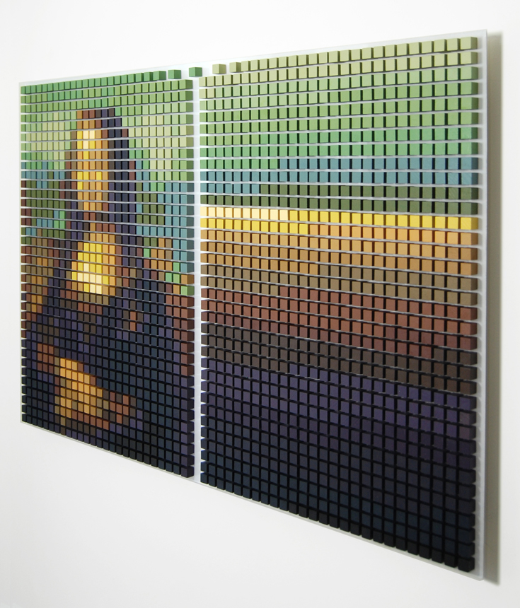Mona Lisa Defragged (side view), acrylic on wood & plexiglas, 23 x 35 x 1 in.