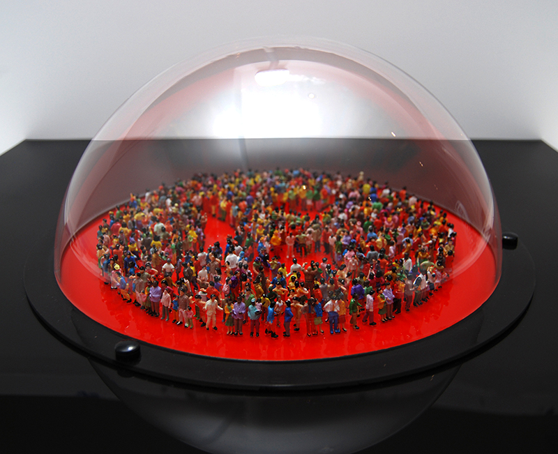 Filter Bubble 2 (detail), plastic figures, dome & acrylic on plexiglas, 23 x 23 x 9 in.