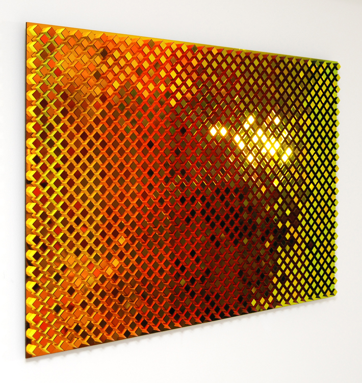Peripheral Visionary - Ursula K. Le Guin (side), acrylic on wood, dichroic film on plexiglas, 23 x 35 x 2 in.