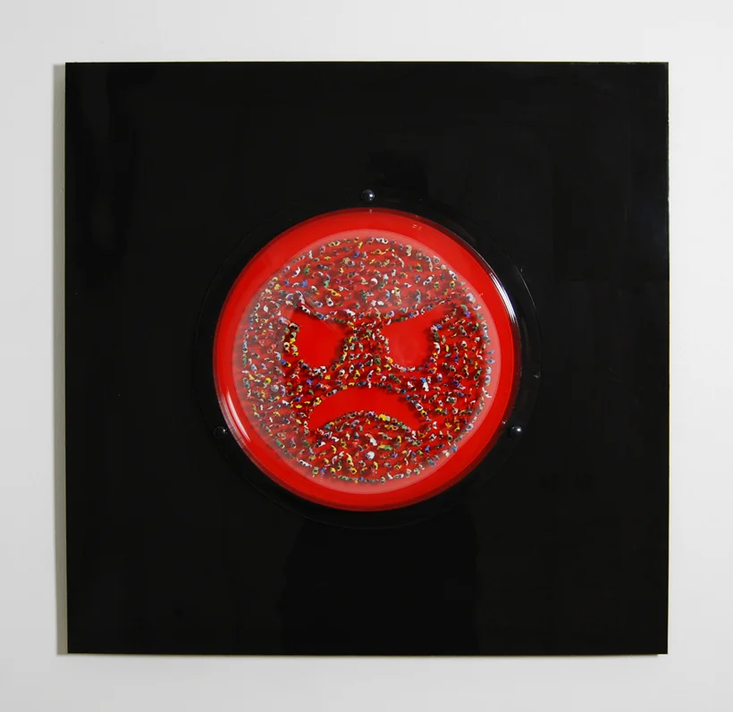 Filter Bubble 2, plastic figures, dome & acrylic on plexiglas, 23 x 23 x 9 in.