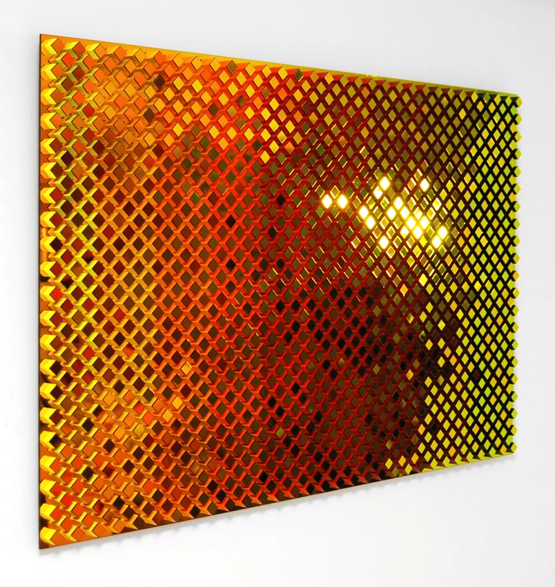 Peripheral Visionary - Ursula K. Le Guin (left side), acrylic on wood, plexiglas, dichroic film, 23 x 35 x 2 in.