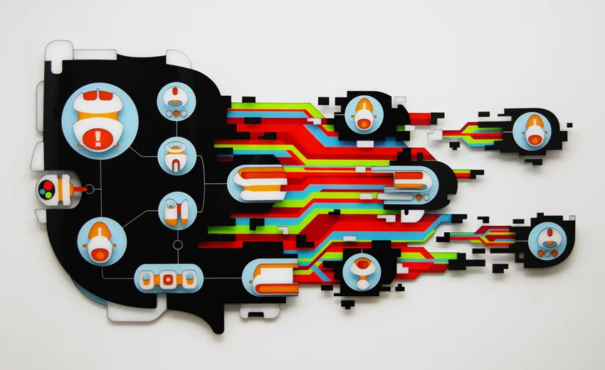 MoonSugar, mixed media on plexiglas, 23 x 43 x 3 in.