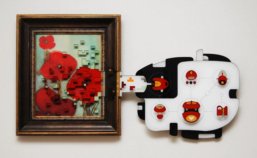 Everything Emulator, mixed media on plexiglas and canvas, 18 x 28 x 3 in.