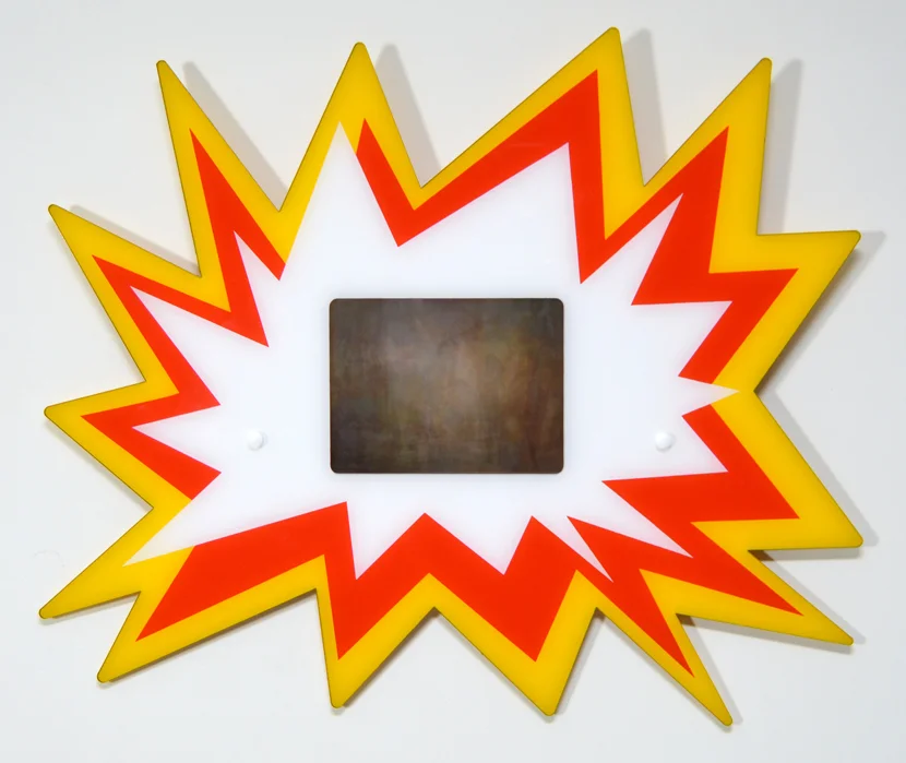 Every Michael Bay Explosion, MP4 on iPad, mixed media on plexiglass, 23 x 28 x 2 in.