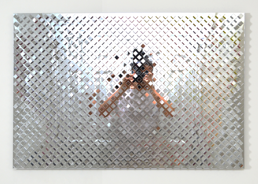 Peripheral Visionary - Neal Stephenson (front), acrylic on wood, mirrored plexiglas, 23 x 35 x 2 in.