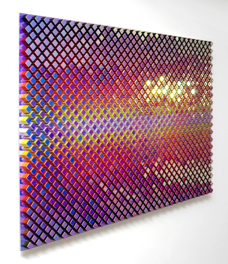 Peripheral Visionary - Michio Kaku (side), acrylic on wood, dichroic film on plexiglas, 23 x 35 x 2 in.