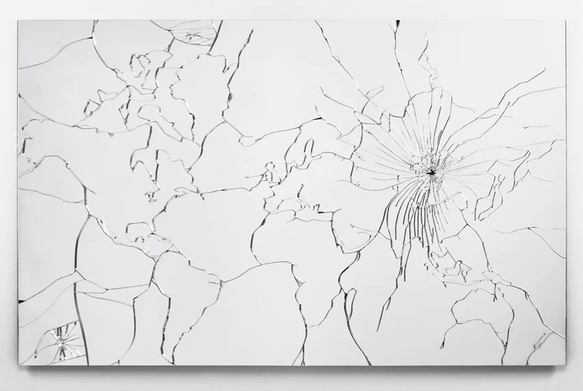 World Map, mirrored plexiglas, 23 x 35 x 1 in.