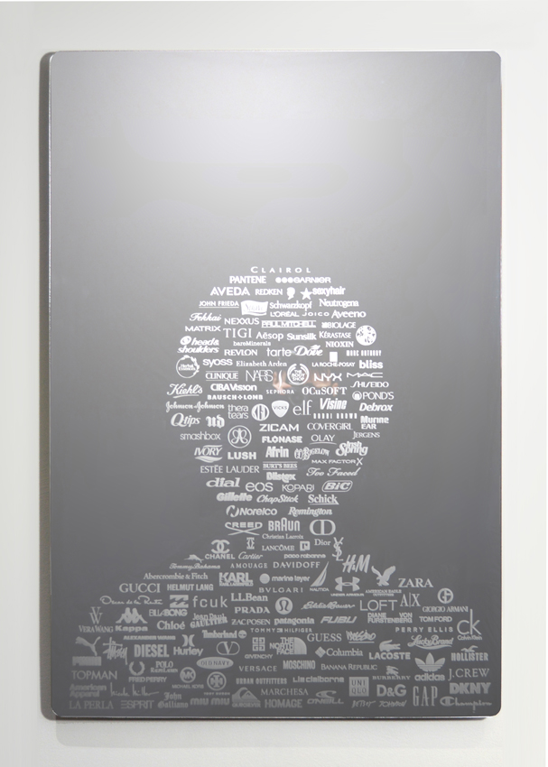 Product Placement, etched mirrored plexiglas, 34 x 23 x 1 in.