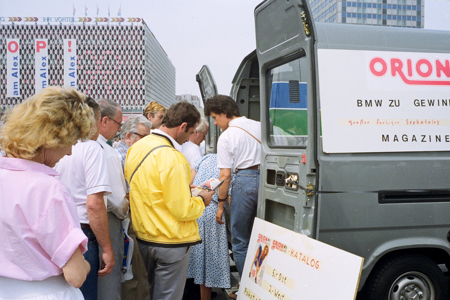  Alexanderplatz, East Berlin. Late June 1990. Pornography sales out of the back of a van. 