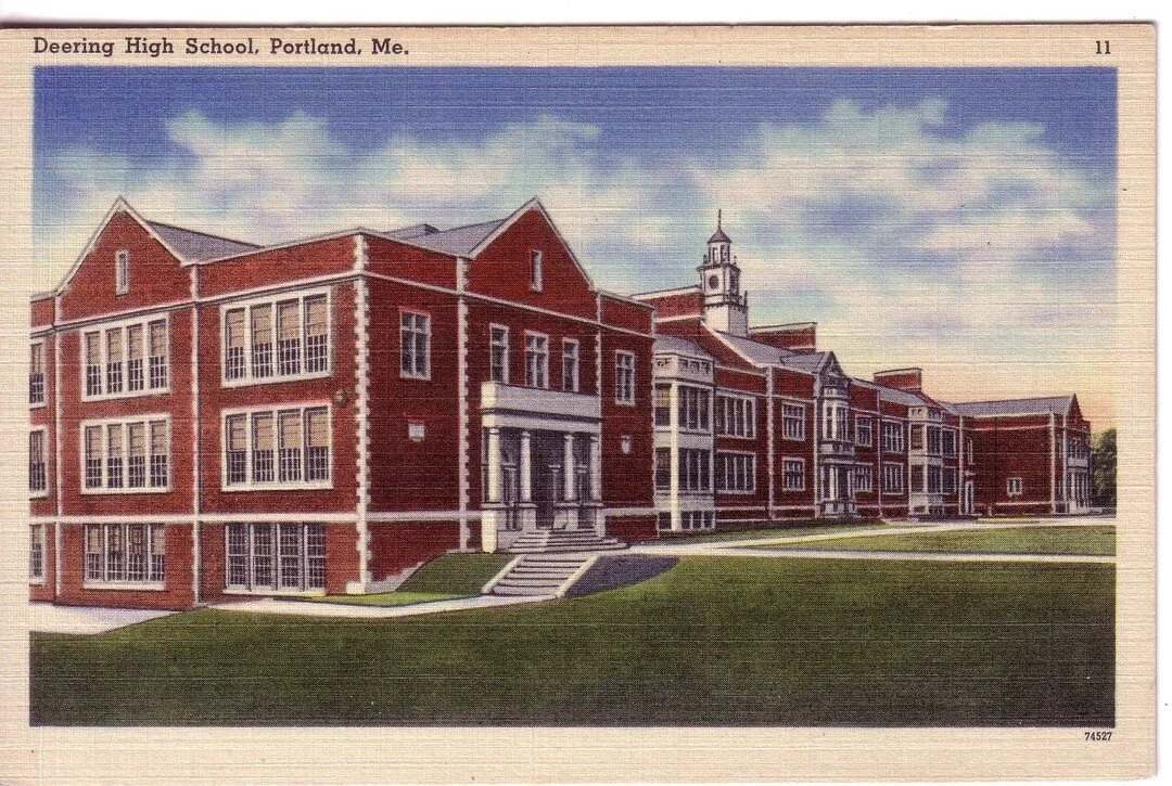 Deering High School was built 1922-1923 on the site of the former Presumpscot Park horse racing track. It was designed in the English Renaissance style, also sometimes know as Tudor Revival, by Portland architect John P. Thomas, in collaboration with