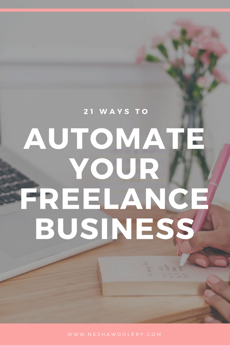 21 ways to automate your design business by Nesha Woolery. Is your business stressing you out? Does it feel like you never get through your to-do list? Like there's not enough time in the year? Here's a list of 21 things you can automate your design business RIGHT NOW! Click through to learn more + sign up for the free course!