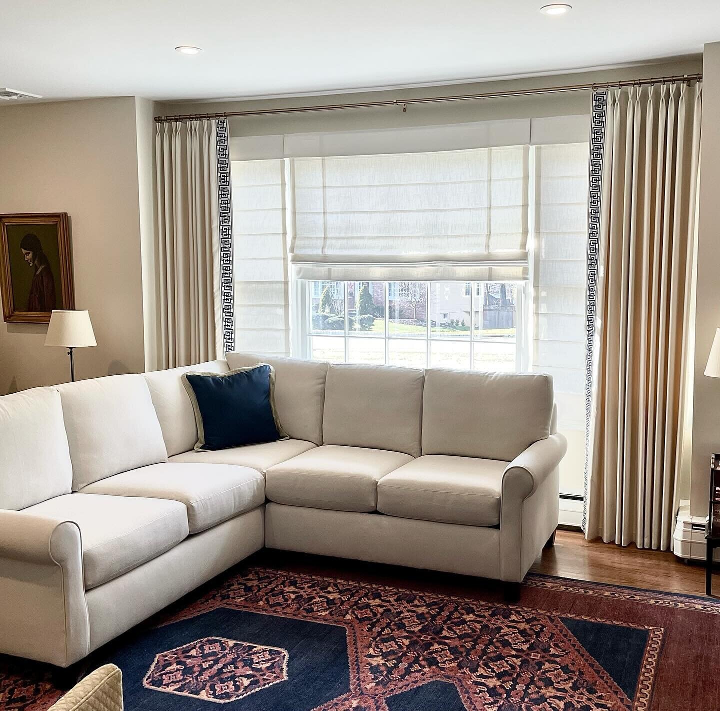 Progress in this lovely #livingroom  #pillows and #ottoman up next. #traditionallivingroom #navyandrust #draperytrim #romanshades #olivehilldesigncompany #livingroomdesign #interiordesign #njinteriordesign