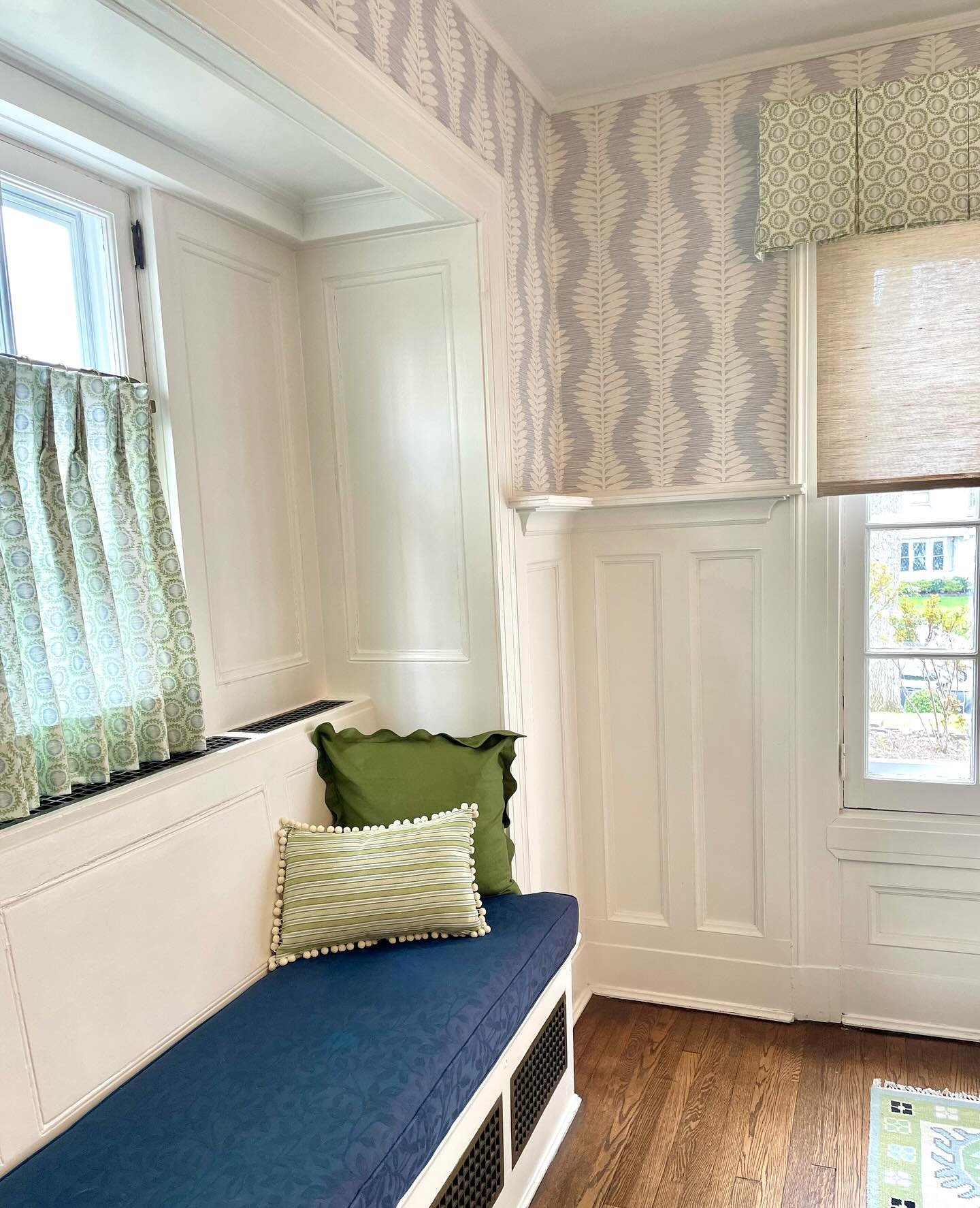 Delightful #diningroom view. Waiting on the host chairs and then we can share the full space. We worked with great existing elements like this gorgeous #millwork and a charming #windowseat then added in lots of #texture and #pattern with the #custom 