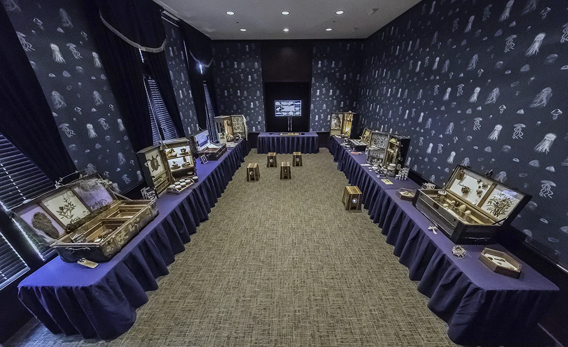 Crude Life at National Academy of Sciences, Beckman Center, Irvine, California. Wallpaper by Mark Dion (previous installation).