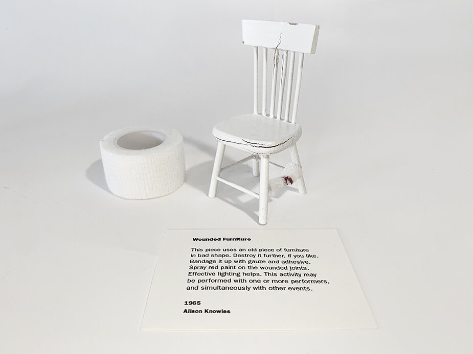 Alison Knowles, Wounded Furniture Score,  produced as mini-kit in "Nano-Fluxus" style by Sean Miller for nano performances, 1965-2020 