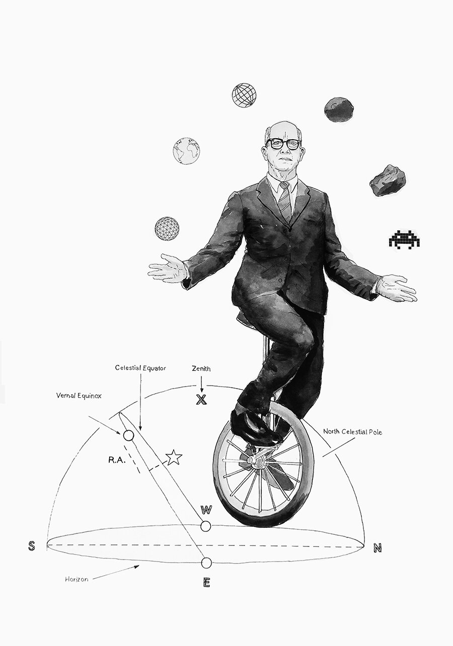 Sean Miller, Buckminster Fuller and the Hurtling Spherical Menagerie, pen, watercolor, and space dust, 2021